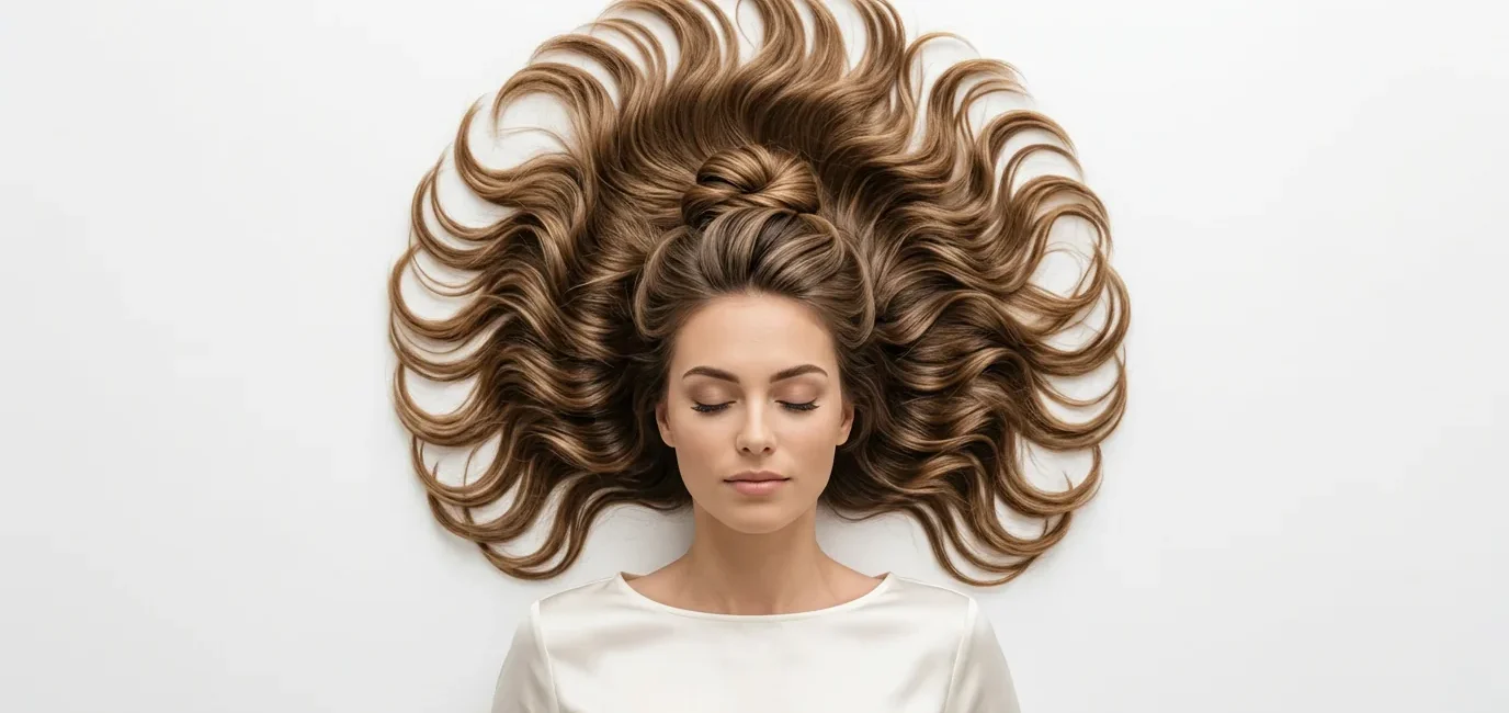 Woman with elegant twisted half up hairstyle showing upper sections pulled back with loose waves flowing below