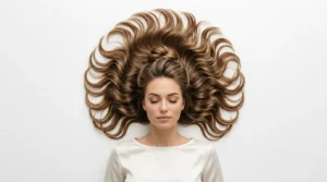Woman with elegant twisted half up hairstyle showing upper sections pulled back with loose waves flowing below