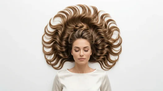 Woman with elegant twisted half up hairstyle showing upper sections pulled back with loose waves flowing below