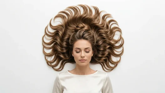 Woman with elegant twisted half up hairstyle showing upper sections pulled back with loose waves flowing below