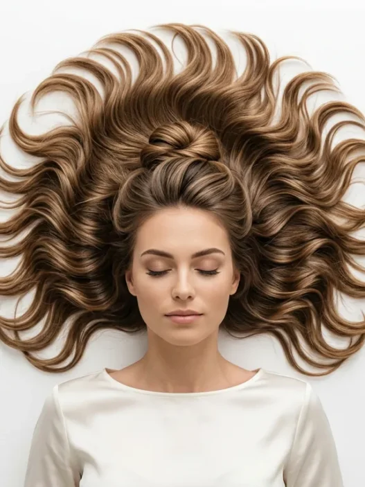 Woman with elegant twisted half up hairstyle showing upper sections pulled back with loose waves flowing below