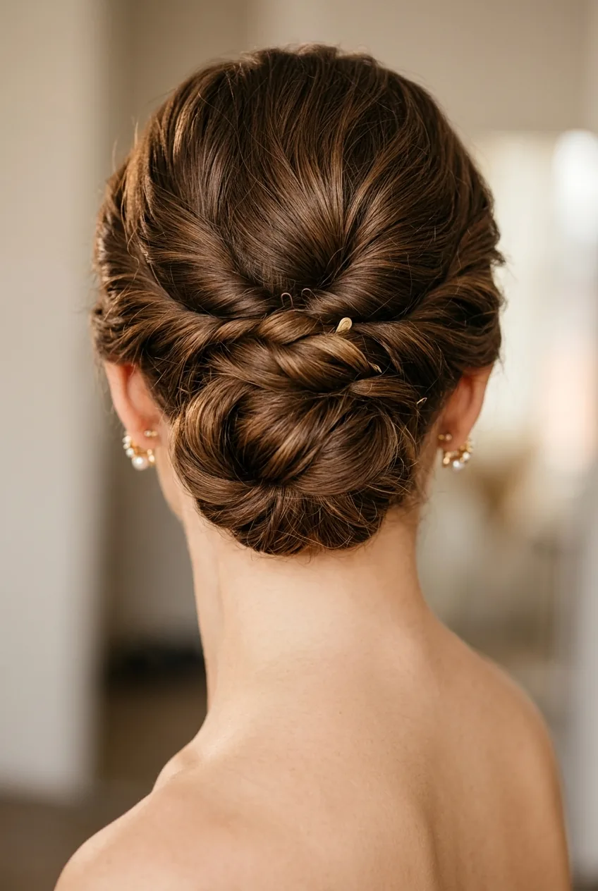Close-up view of bridal updo at nape of neck showing twisted sections and bobby pin placement
