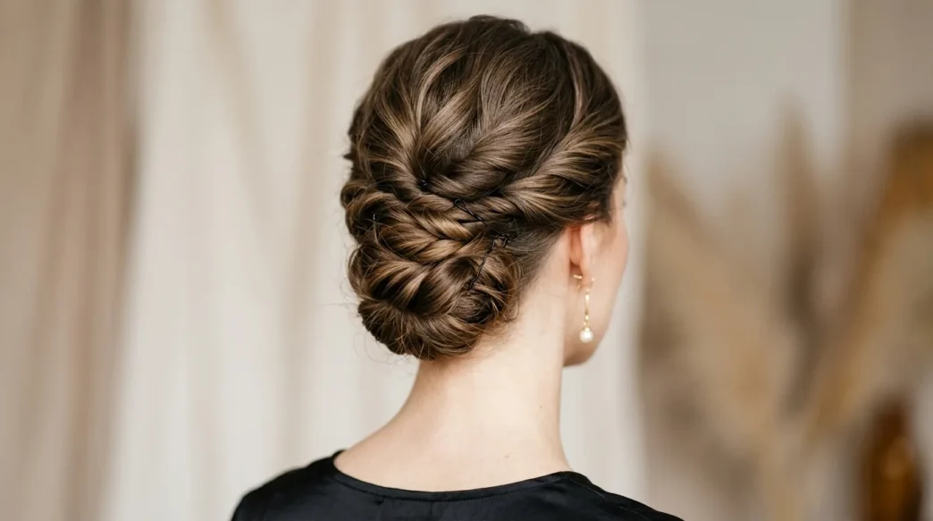 Close-up view from behind showing elegant updo with visible pin placement and twisted hair sections at nape of neck