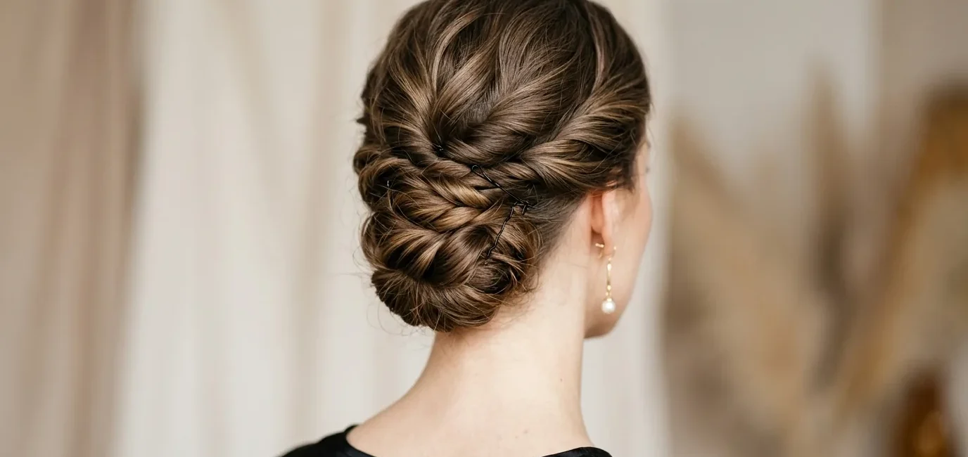 Close-up view from behind showing elegant updo with visible pin placement and twisted hair sections at nape of neck