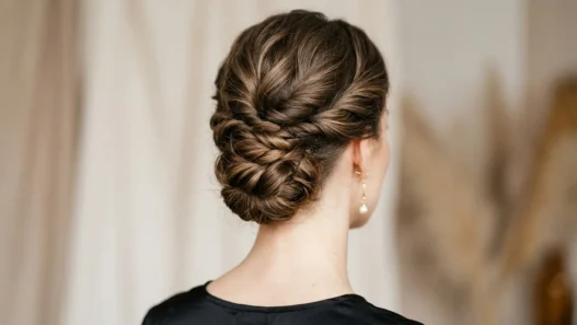 Close-up view from behind showing elegant updo with visible pin placement and twisted hair sections at nape of neck