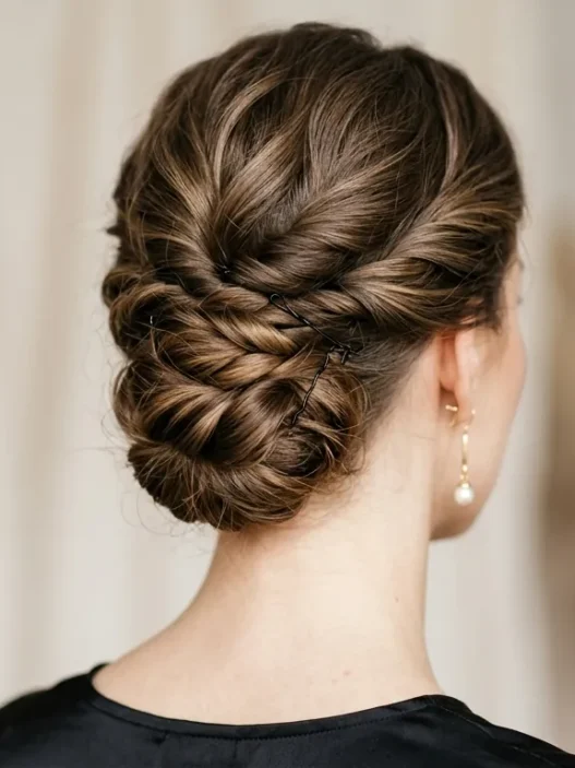Close-up view from behind showing elegant updo with visible pin placement and twisted hair sections at nape of neck
