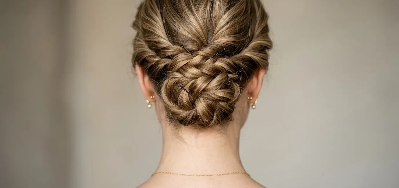 Close-up of elegant updo at nape showing bobby pin placement and twisted hair sections