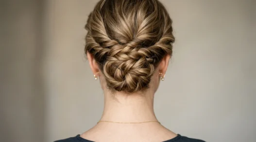 Close-up of elegant updo at nape showing bobby pin placement and twisted hair sections