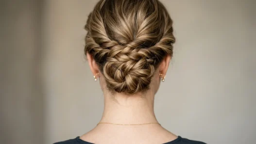 Close-up of elegant updo at nape showing bobby pin placement and twisted hair sections