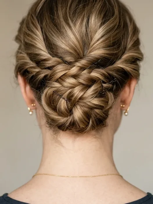 Close-up of elegant updo at nape showing bobby pin placement and twisted hair sections