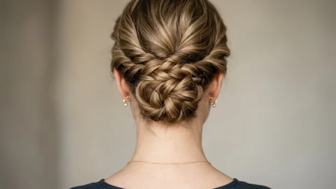 Close-up of elegant updo at nape showing bobby pin placement and twisted hair sections