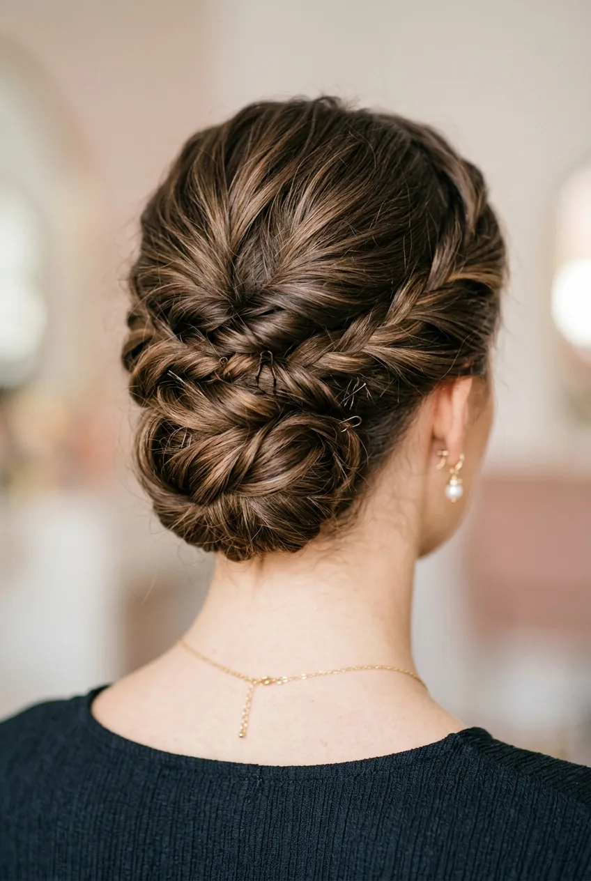 Close-up view of sophisticated updo at nape of neck with visible pin placement and twisted hair sections