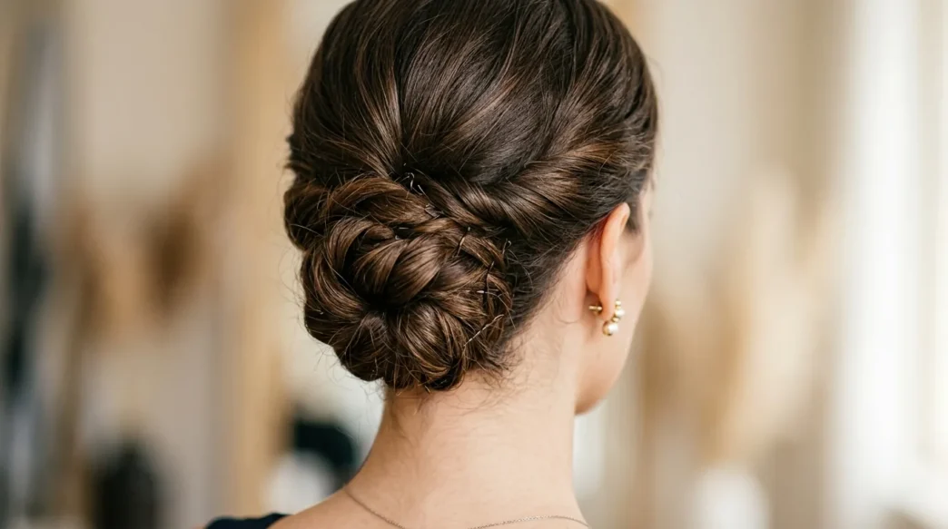 Elegant bridal updo at the nape with visible pin placement and twisted hair sections