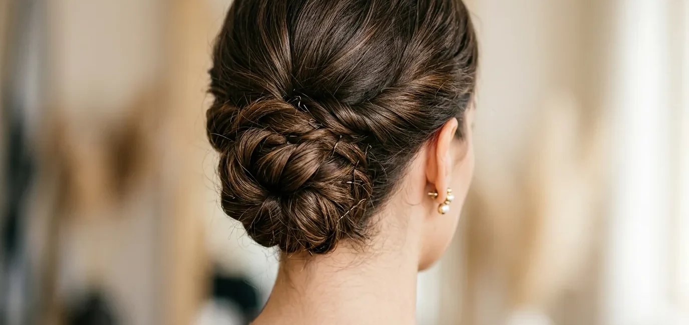 Elegant bridal updo at the nape with visible pin placement and twisted hair sections