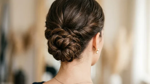 Elegant bridal updo at the nape with visible pin placement and twisted hair sections