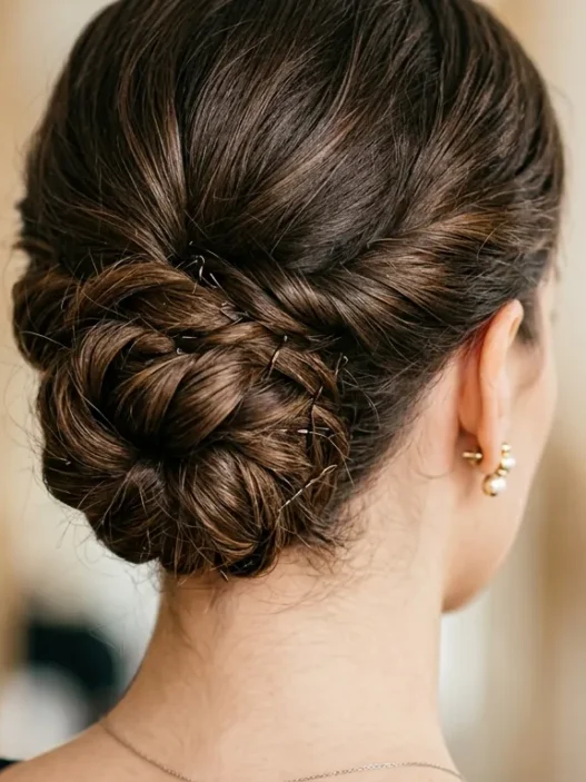 Elegant bridal updo at the nape with visible pin placement and twisted hair sections