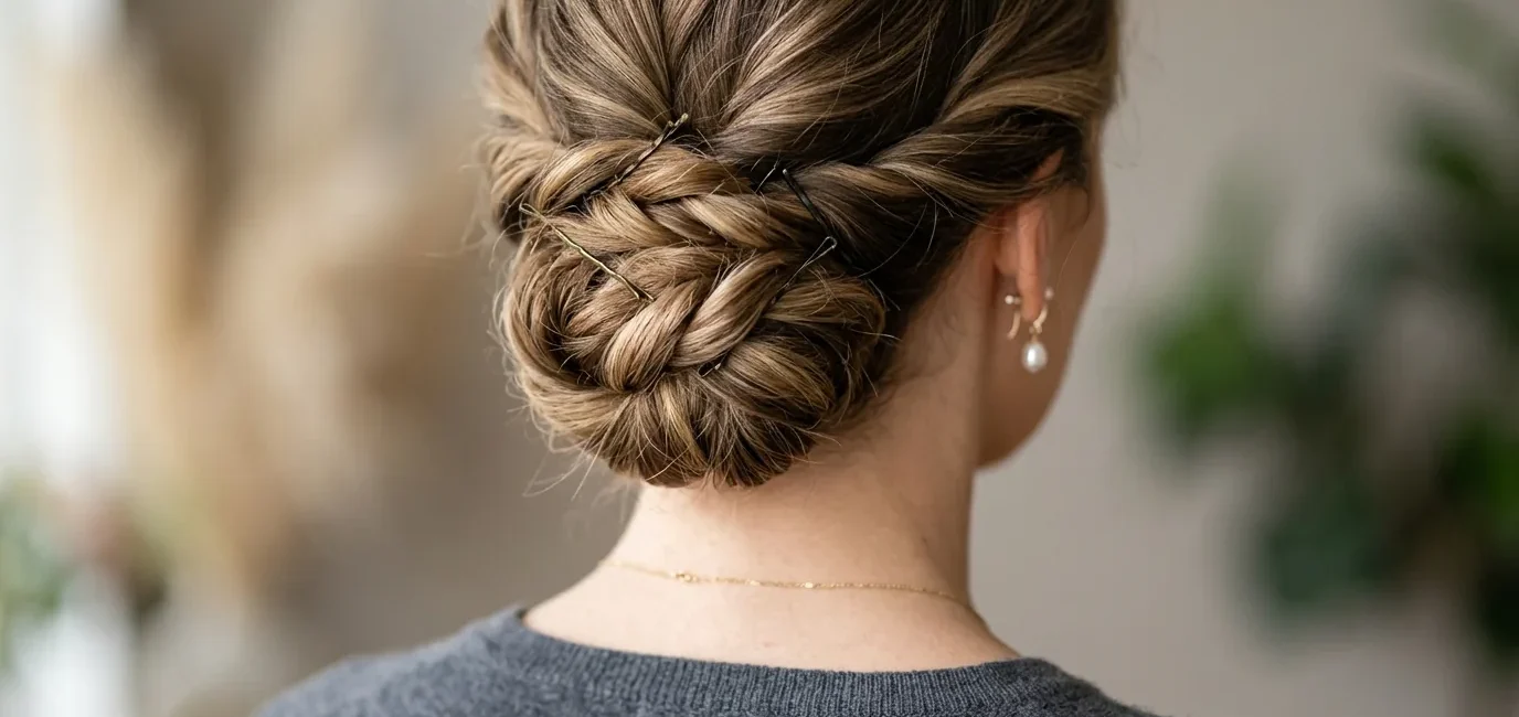 Elegant twisted updo at nape of neck with visible bobby pins and textured sections