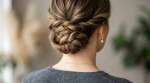 Elegant twisted updo at nape of neck with visible bobby pins and textured sections
