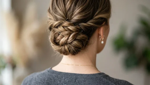 Elegant twisted updo at nape of neck with visible bobby pins and textured sections