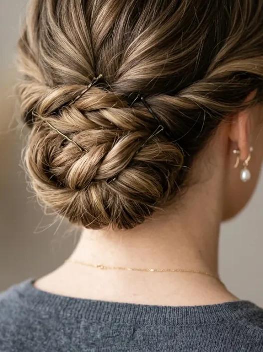 Elegant twisted updo at nape of neck with visible bobby pins and textured sections