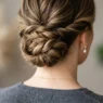 Elegant twisted updo at nape of neck with visible bobby pins and textured sections