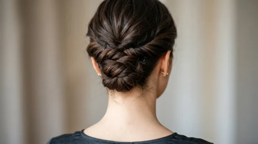 Back view of elegant updo showing precise bobby pin placement securing twisted hair sections at nape of neck