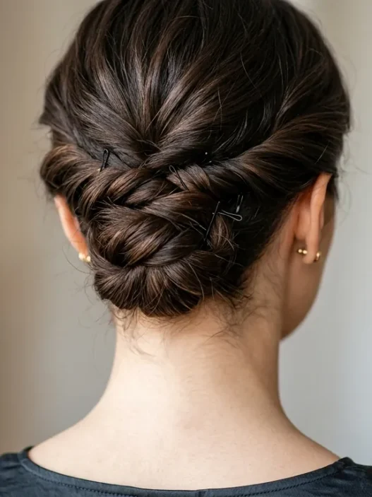 Back view of elegant updo showing precise bobby pin placement securing twisted hair sections at nape of neck