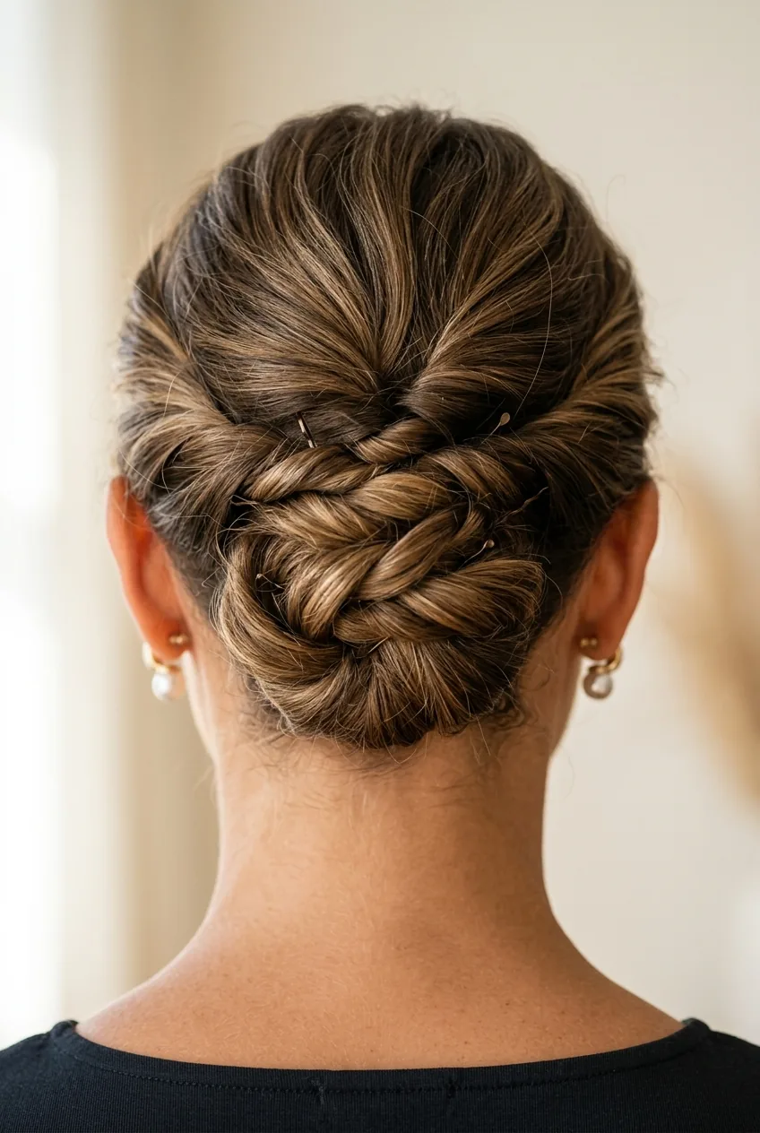 Close-up view of elegant updo showing strategic pin placement and twisted hair sections