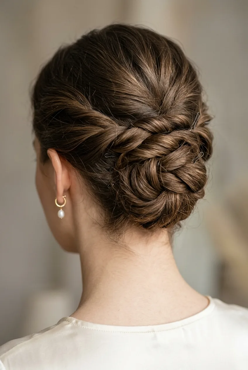 Close-up of elegant updo at nape of neck showing bobby pin placement and twisted hair sections