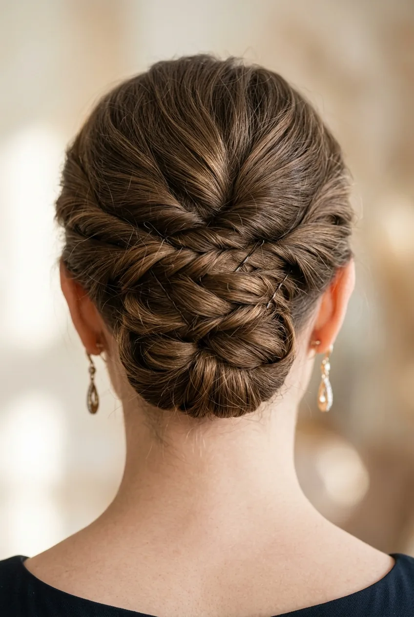 Close-up view of elegant updo at nape of neck showing bobby pin placement and twisted hair sections