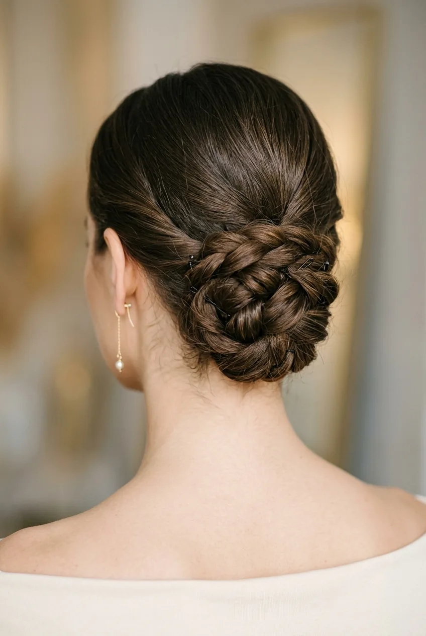 Close-up of elegant updo at neck nape showing bobby pin placement and twisted hair sections