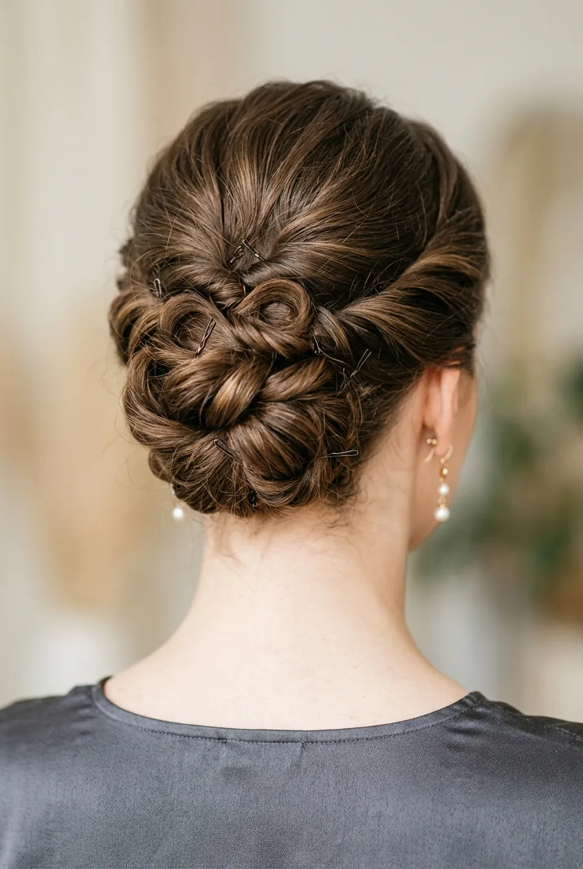 Close-up back view showing bobby pin placement and twisted sections in elegant updo at nape of neck