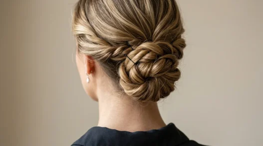 Elegant updo at nape of neck showing strategic bobby pin placement and twisted hair sections
