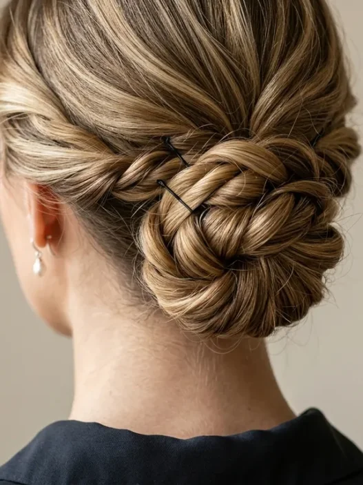 Elegant updo at nape of neck showing strategic bobby pin placement and twisted hair sections
