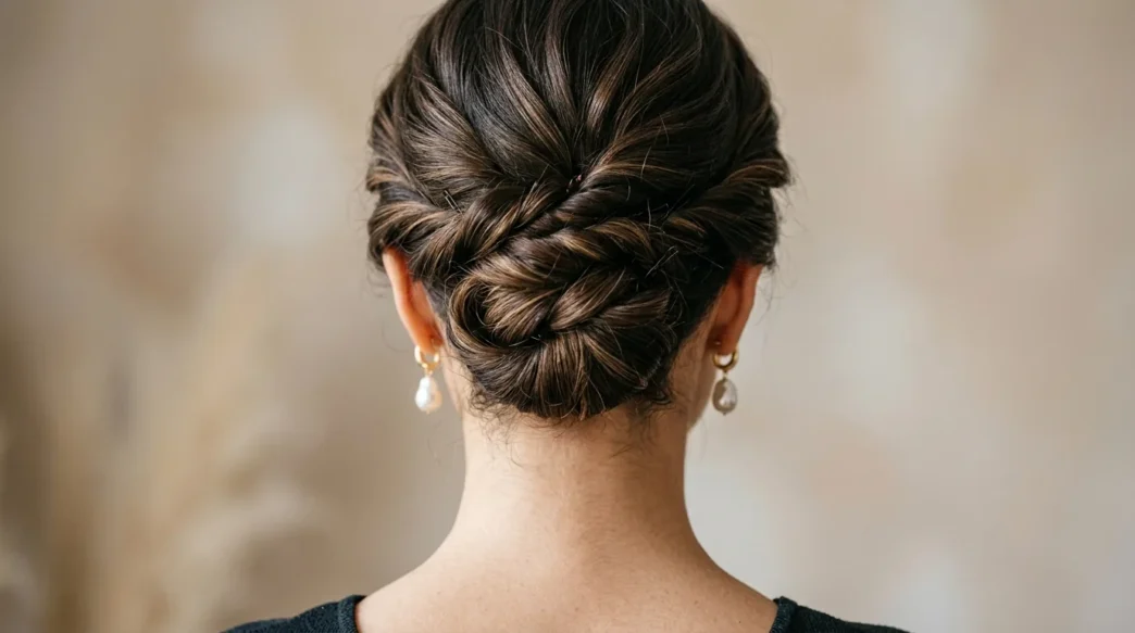 Elegant updo showing bobby pin placement and twisted hair sections with soft lighting