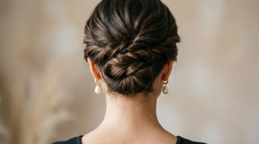 Elegant updo showing bobby pin placement and twisted hair sections with soft lighting