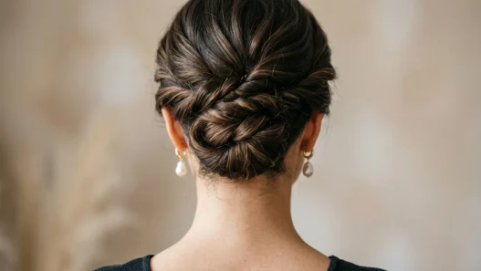 Elegant updo showing bobby pin placement and twisted hair sections with soft lighting