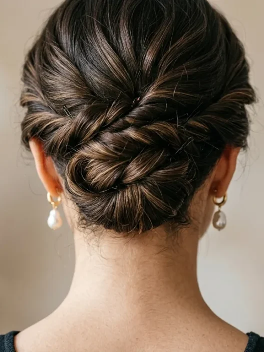 Elegant updo showing bobby pin placement and twisted hair sections with soft lighting