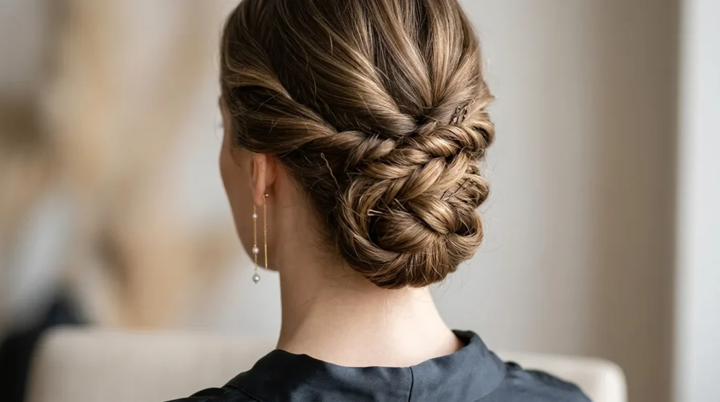 Close-up of elegant updo at nape showing bobby pin placement and twisted hair sections