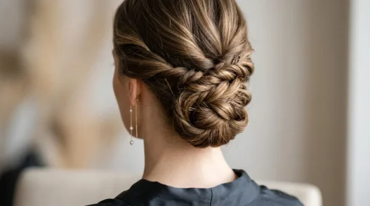 Close-up of elegant updo at nape showing bobby pin placement and twisted hair sections
