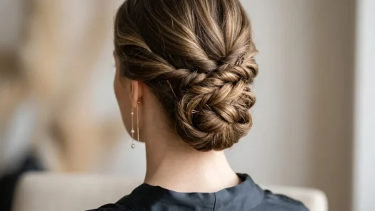 Close-up of elegant updo at nape showing bobby pin placement and twisted hair sections