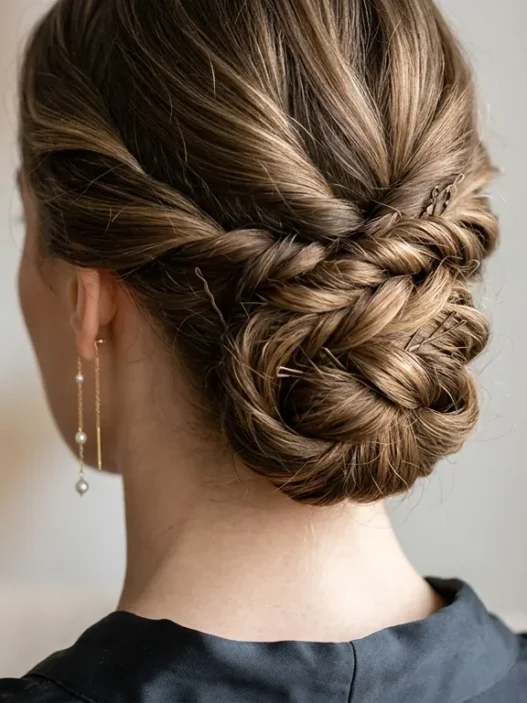 Close-up of elegant updo at nape showing bobby pin placement and twisted hair sections