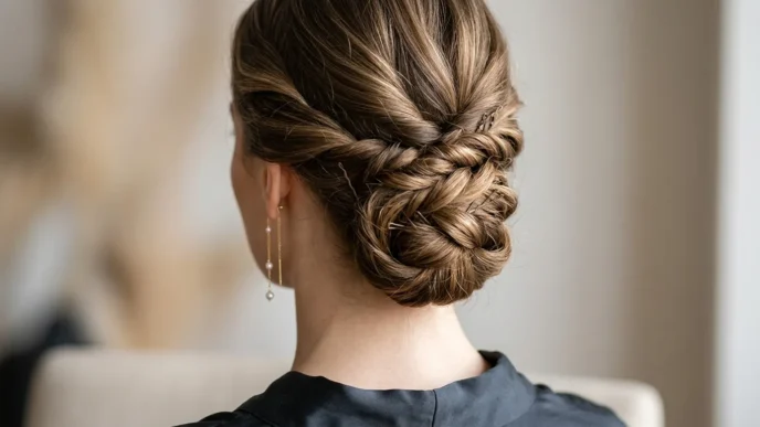 Close-up of elegant updo at nape showing bobby pin placement and twisted hair sections