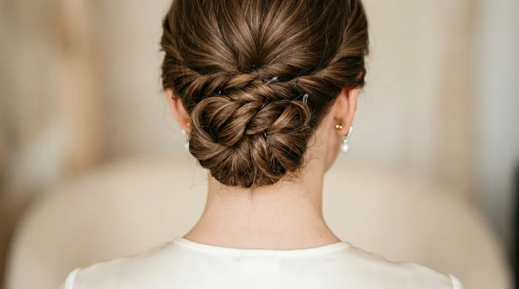 Close-up view of elegant updo showing bobby pin placement and twisted hair sections at nape of neck