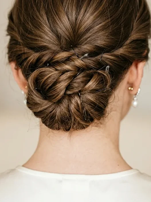 Close-up view of elegant updo showing bobby pin placement and twisted hair sections at nape of neck
