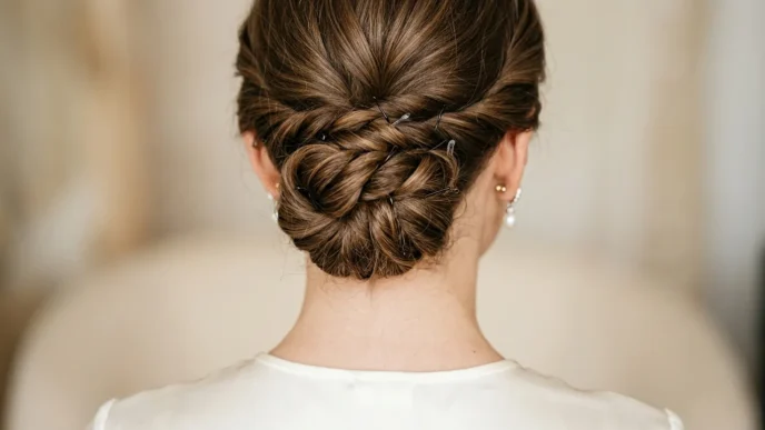 Close-up view of elegant updo showing bobby pin placement and twisted hair sections at nape of neck