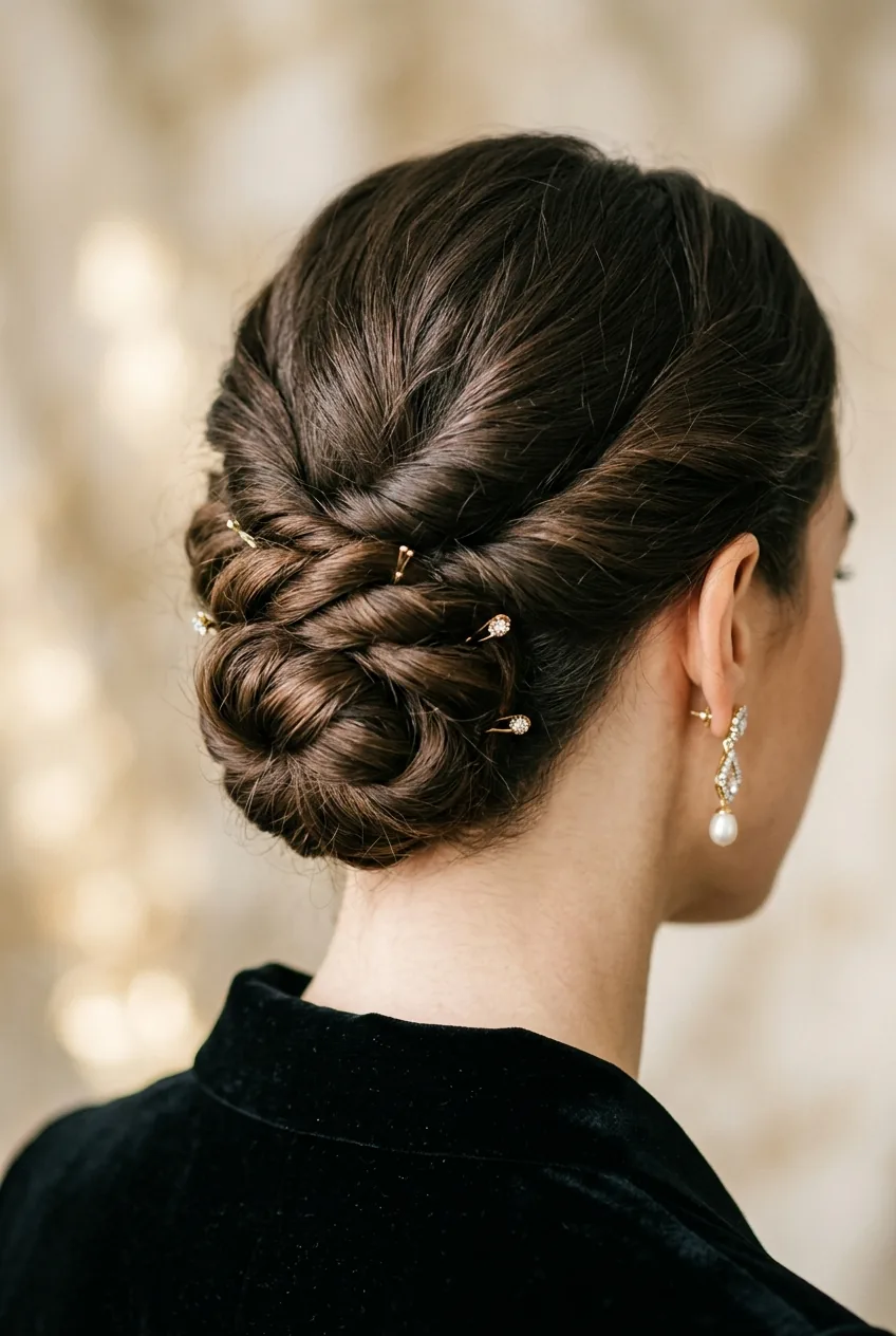 Close-up of elegant updo at nape of neck showing intricate pin placement and twisted hair sections