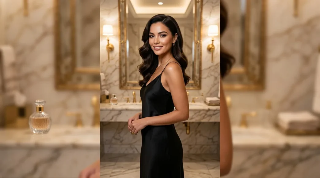 Woman with glossy styled hair in elegant powder room with marble walls and warm lighting