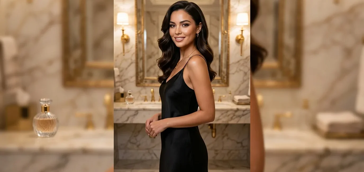 Woman with glossy styled hair in elegant powder room with marble walls and warm lighting