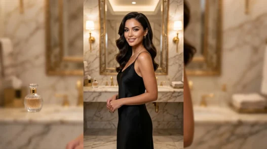 Woman with glossy styled hair in elegant powder room with marble walls and warm lighting
